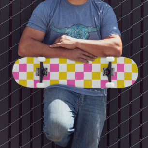 Yellow White Pink Chequered Design Skateboard