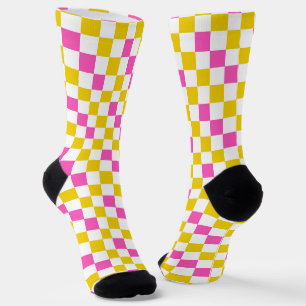 Yellow White Pink Chequered Design Socks