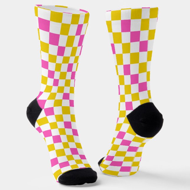 Yellow White Pink Chequered Design  Socks (Angled)
