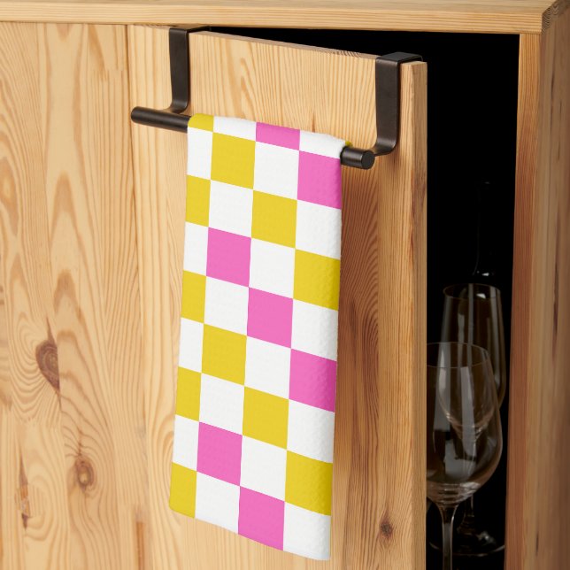 Yellow White Pink Chequered Design  Tea Towel (Thirds Fold)