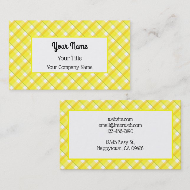 Yellow White Plaid Pattern Editable Business Cards (Front/Back)