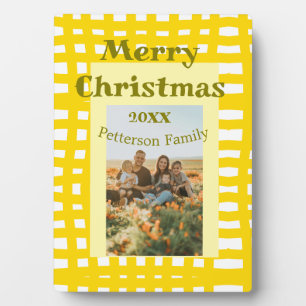Yellow white plaid retro Christmas holiday family Plaque