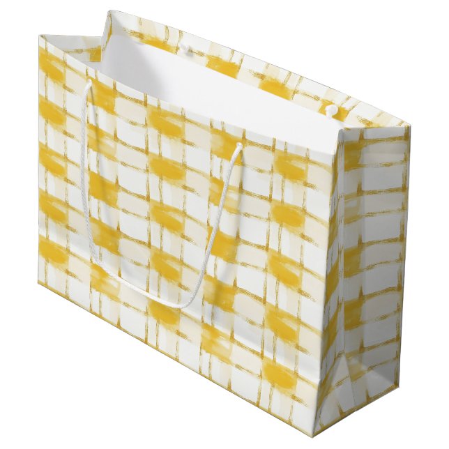 Yellow White Plaid Stripes Birthday Large Gift Bag (Front Angled)