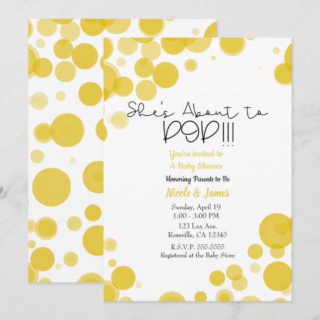 Yellow White Polka Dot Bubbles She's About to POP Invitation (Front/Back)