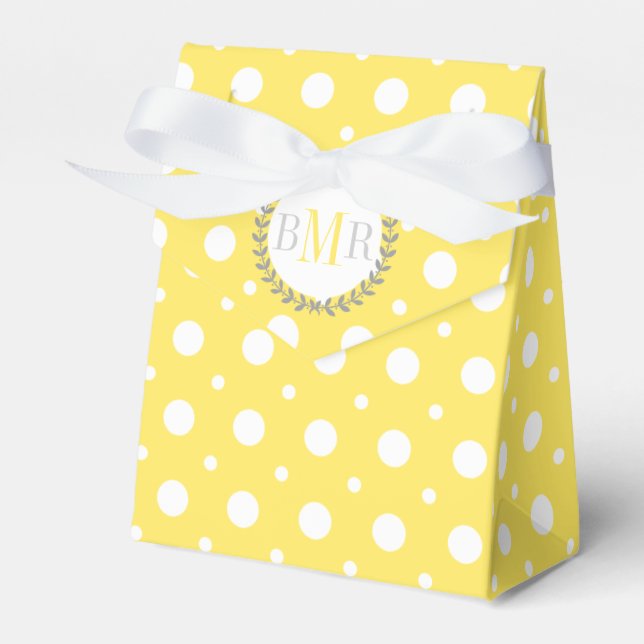 Yellow, white polka dot pattern monogram wedding favour box (Front Side)