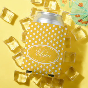 Yellow & white polka dot personalized can cooler