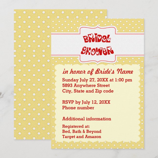 Yellow & White Polka Dots Heart Text Bridal Shower Invitation (Front/Back)