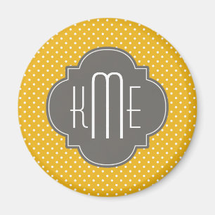 Yellow White Polka Dots Quatrefoil Monogram Magnet