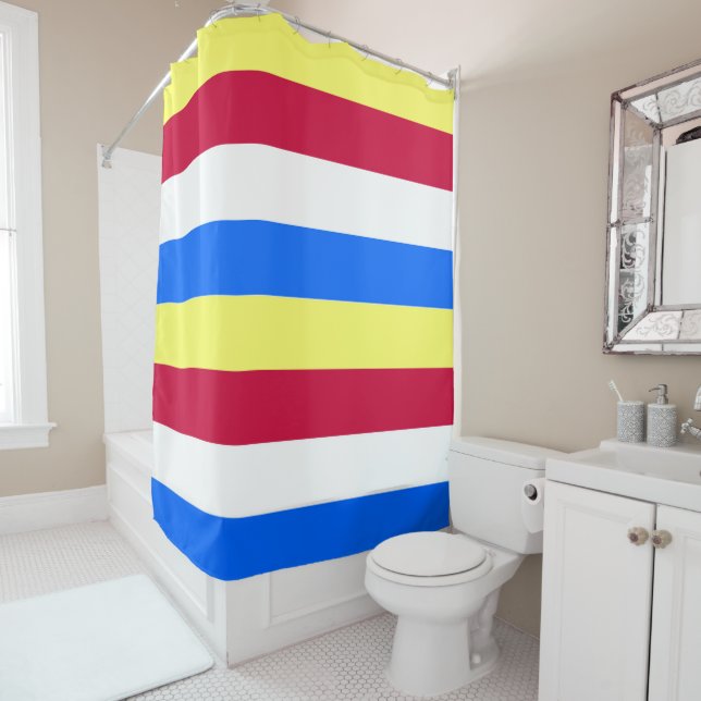 Yellow, White, Red and Blue Stripes Shower Curtain (In Situ)