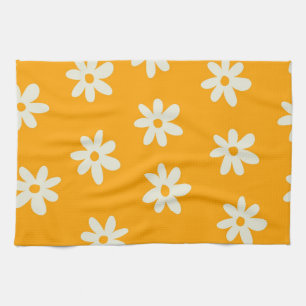 Yellow White Retro Y2K Flower Pattern Tea Towel