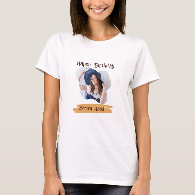 Yellow & White Simple Happy Birthday Photo T-Shirt (Front)