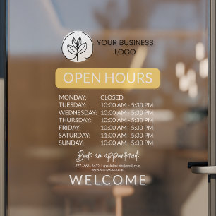 Yellow & White Small Business Logo Open Hours Window Cling