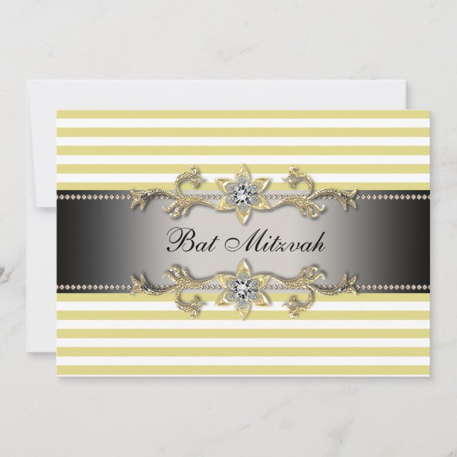 Yellow White Stripe Bat Mitzvah Invitation (Front)