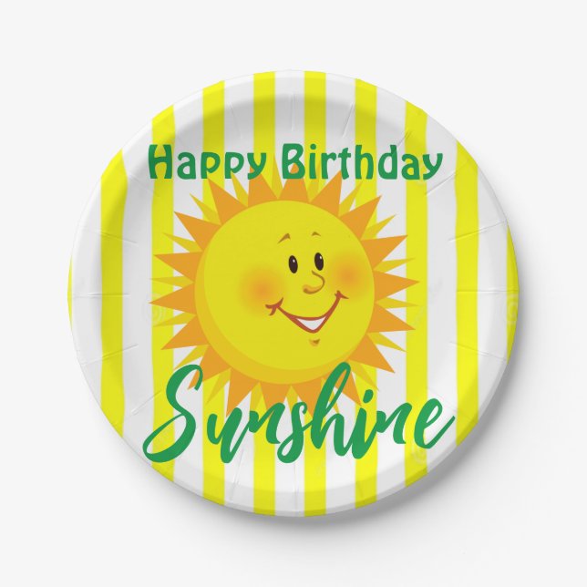 Yellow & White Stripe Happy Birthday Paper Plates (Front)