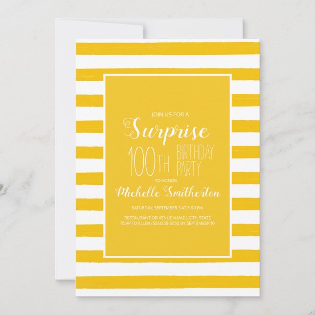 Yellow White Striped 100th Birthday Party Invitation (Front)