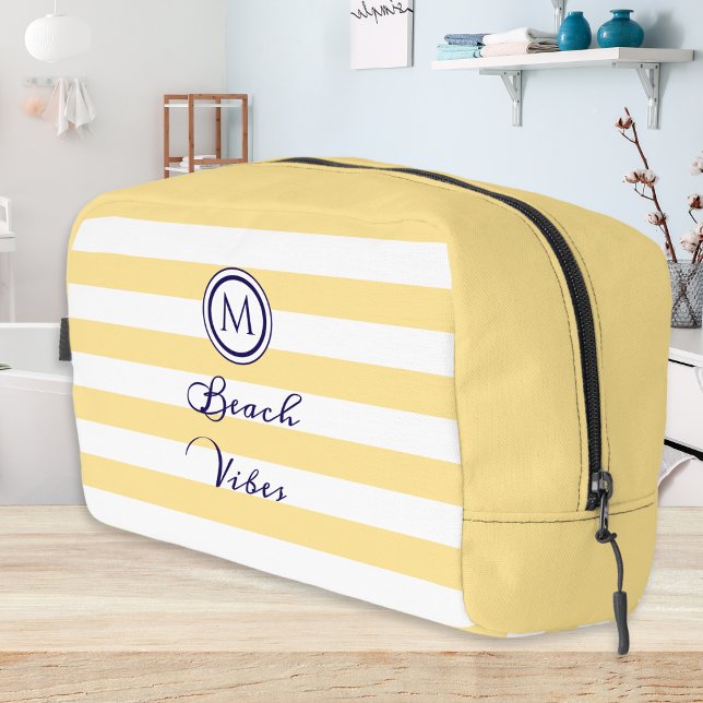 Yellow & White Striped Beach Vibes Monogrammed Dopp Kit (A toiletry bag with fresh buttermilk yellow stripes, monogram and 'Beach Vibes' in script typography)