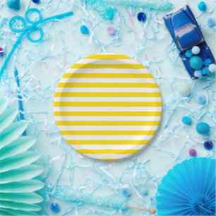 Yellow White Striped Modern Template Round Party Paper Plate