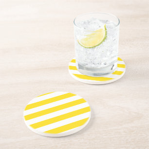 Yellow White Striped Template Round Sandstone Coaster