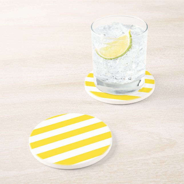 Yellow White Striped Template Round Sandstone Coaster (Side)