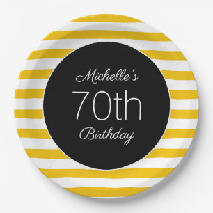 Yellow White Stripes Black 70th Birthday  Paper Plate
