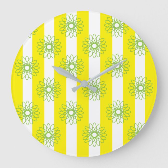 Yellow White Stripes Floral Large Clock (Front)