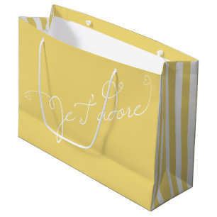 yellow white stripes Je T adore French I Adore You Large Gift Bag