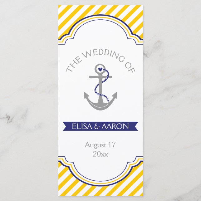 Yellow white stripes navy nautical wedding program programme (Front)