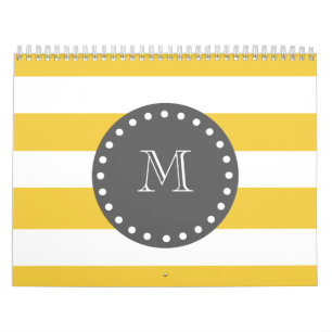 Yellow White Stripes Pattern, Charcoal Monogram Calendar