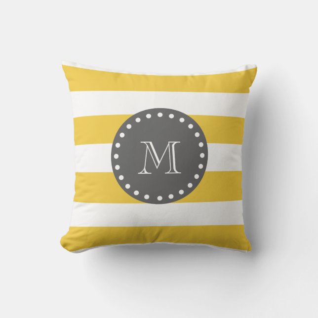 Yellow White Stripes Pattern, Charcoal Monogram Cushion (Front)