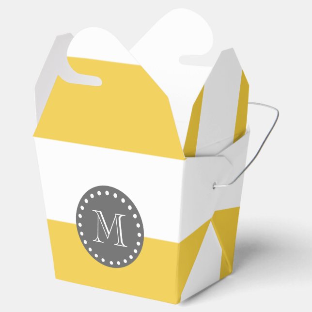 Yellow White Stripes Pattern, Charcoal Monogram Favour Box (Opened)