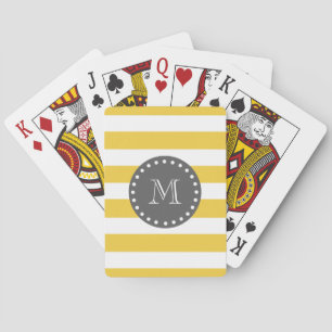 Yellow White Stripes Pattern, Charcoal Monogram Playing Cards
