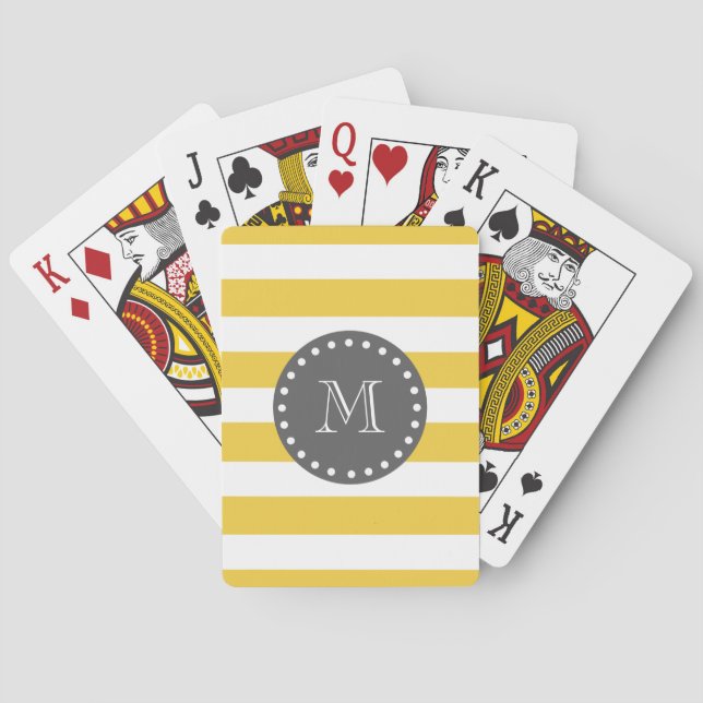 Yellow White Stripes Pattern, Charcoal Monogram Playing Cards (Back)