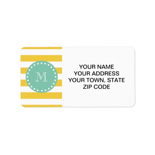 Yellow White Stripes Pattern, Mint Green Monogram Address Label