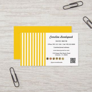 Yellow White Stripes, QR Code & Social Media Icons Business Card