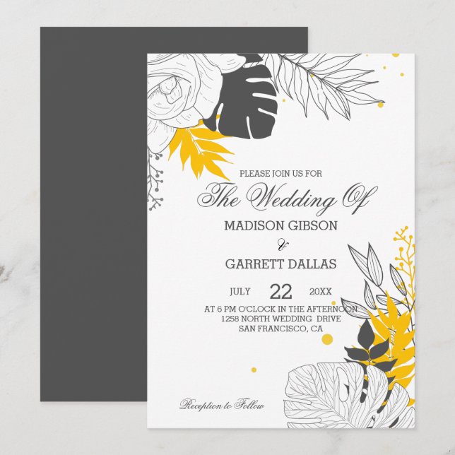 Yellow & White Tropical Leaves Wedding Invitation (Front/Back)