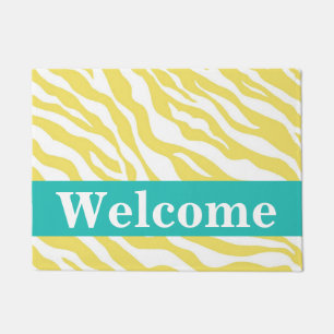 Yellow White Turquoise Zebra Skin Pattern Welcome Doormat