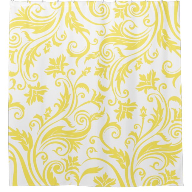 Yellow White Vintage Damask Pattern Shower Curtain (Front)