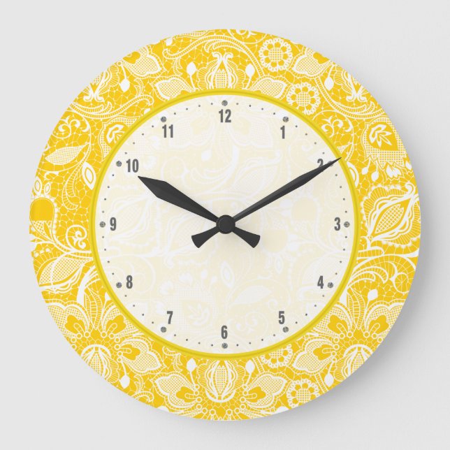 Yellow & White Vintage Floral Lace Large Clock (Front)