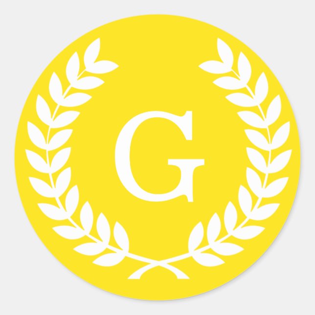 Yellow White Wheat Laurel Wreath Initial Monogram Classic Round Sticker (Front)