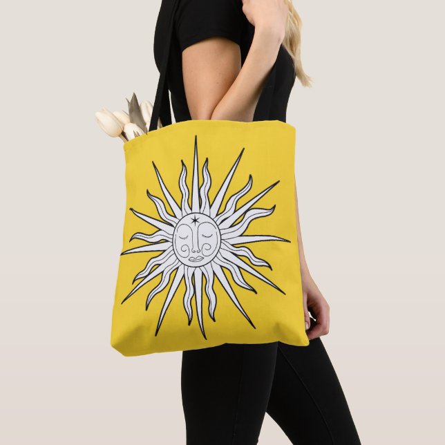Yellow & White Whimsical Sun Celestial Astrology Tote Bag (Close Up)