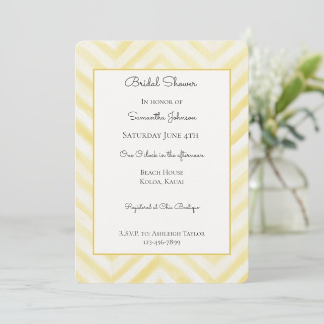 Yellow White Zigzag Stripes Bridal Shower Invitation (Standing Front)