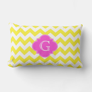 Yellow Wht Chevron Hot Pink Quatrefoil Monoram Lumbar Cushion
