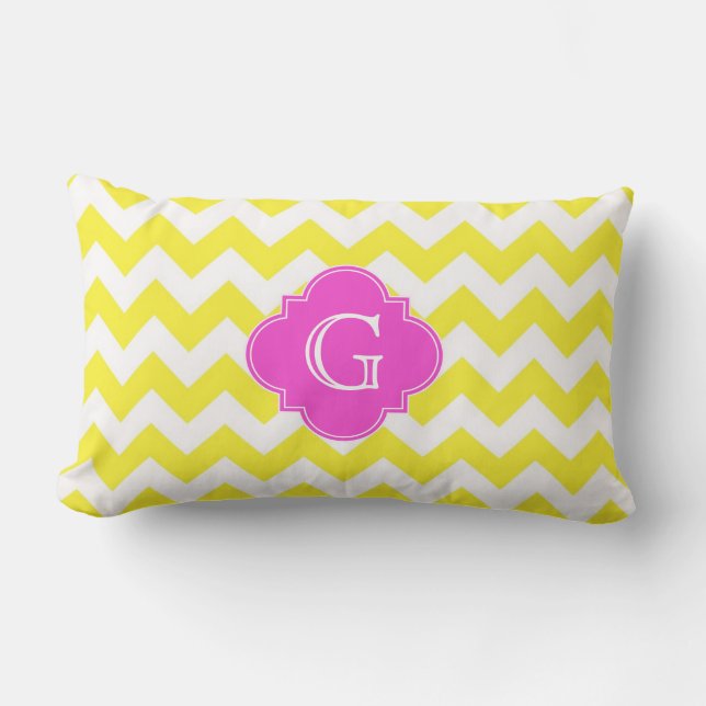 Yellow Wht Chevron Hot Pink Quatrefoil Monoram Lumbar Cushion (Front)
