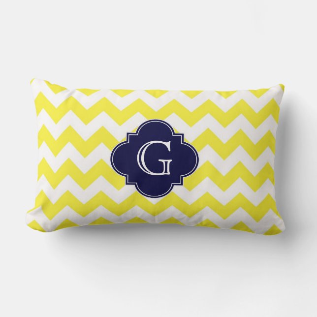 Yellow Wht Chevron Navy Blue Quatrefoil Monogram Lumbar Cushion (Front)