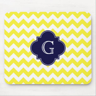 Yellow Wht Chevron Navy Blue Quatrefoil Monogram Mouse Mat