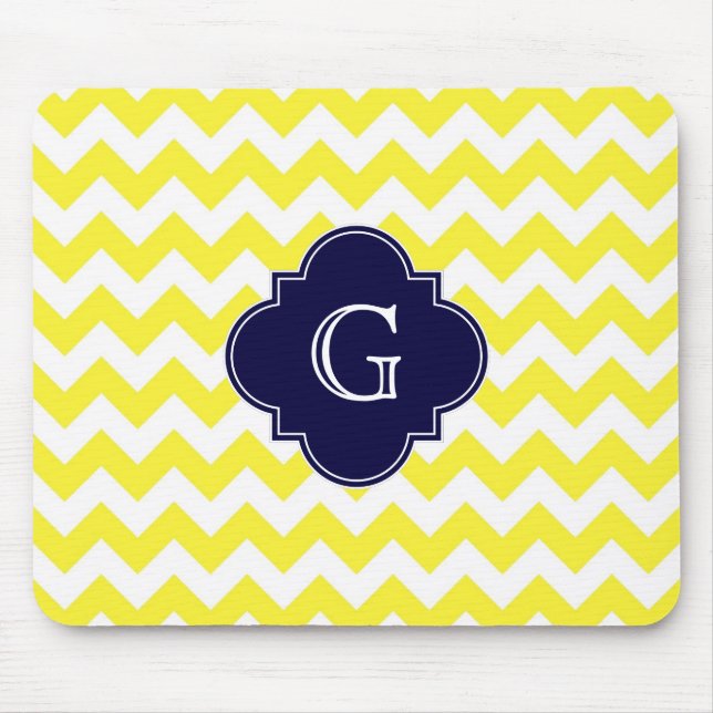 Yellow Wht Chevron Navy Blue Quatrefoil Monogram Mouse Mat (Front)