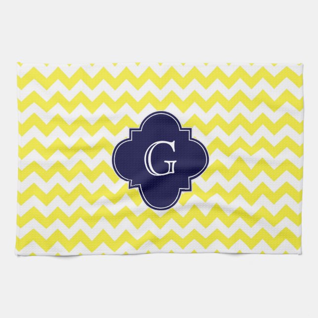 Yellow Wht Chevron Navy Blue Quatrefoil Monogram Tea Towel (Horizontal)
