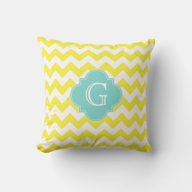 Yellow Wht Chevron Zigzag Aqua Quatrefoil Monogram Cushion (Front)