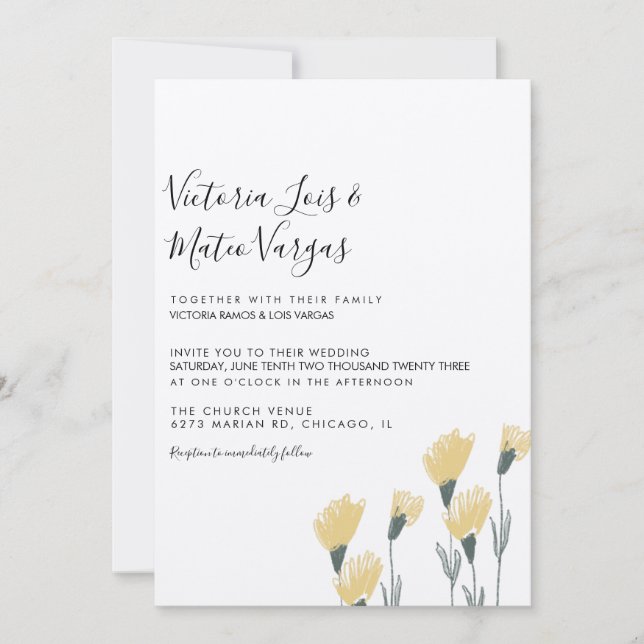 Yellow Wild Flower Floral Greenery Wedding Invitation (Front)