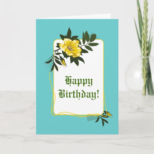 Yellow wild rose aqua floral Happy Birthday Card (Front)
